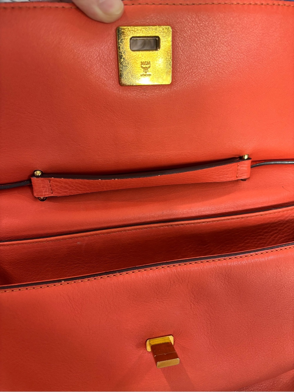 Vintage MCM Coral-Orange Leather Shoulder Satchel with Gold Hardware - Picture 6 of 16
